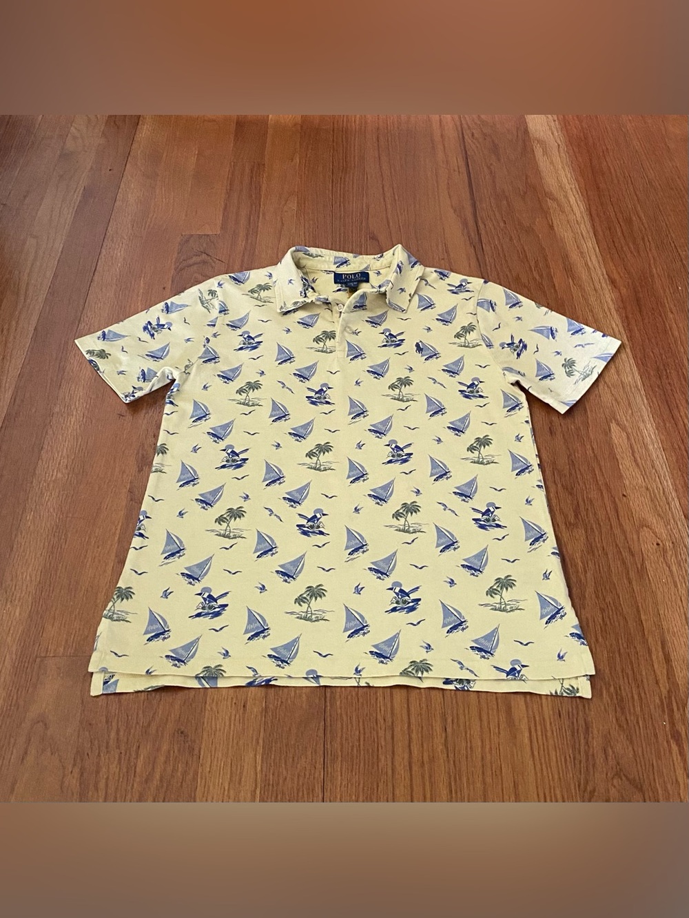 Polo by Ralph Lauren Yellow Cotton Jersey Polo with Blue Bear Sailboat Print